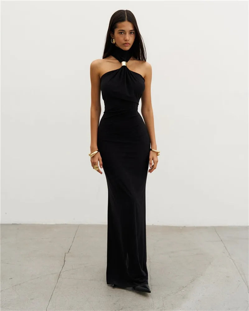 Metal Buckle Turtleneck Maxi Dress